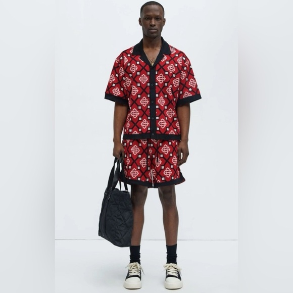 Fashion Nova Men Red Black All Over Geo Jacquard Knit Shirt Shorts Set Large L - Picture 3 of 12